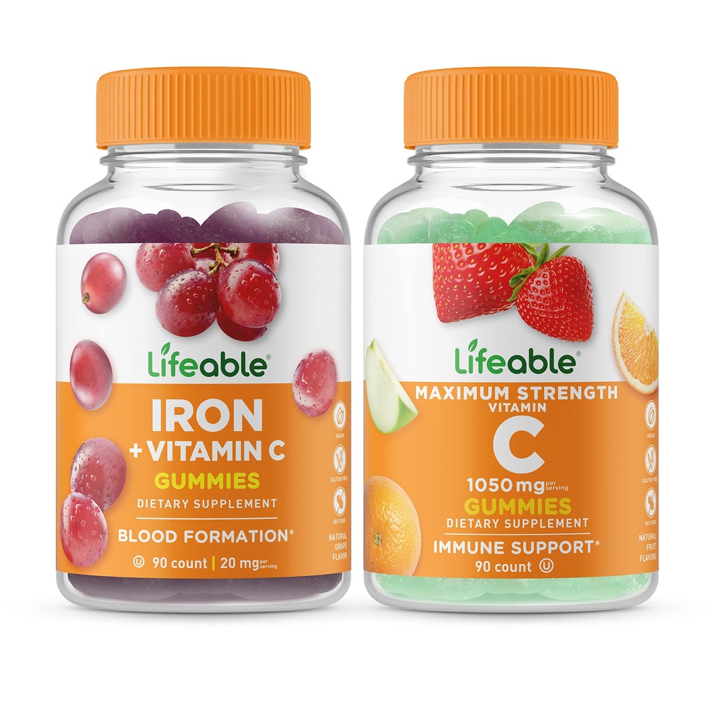 Besi Lifeable dengan Vitamin C + Vitamin C 1050mg, Gummies Bundle - Tasting Great, Vitamin Suplemen, Gluten Bebas, GMO Bebas, Gummy Chewable