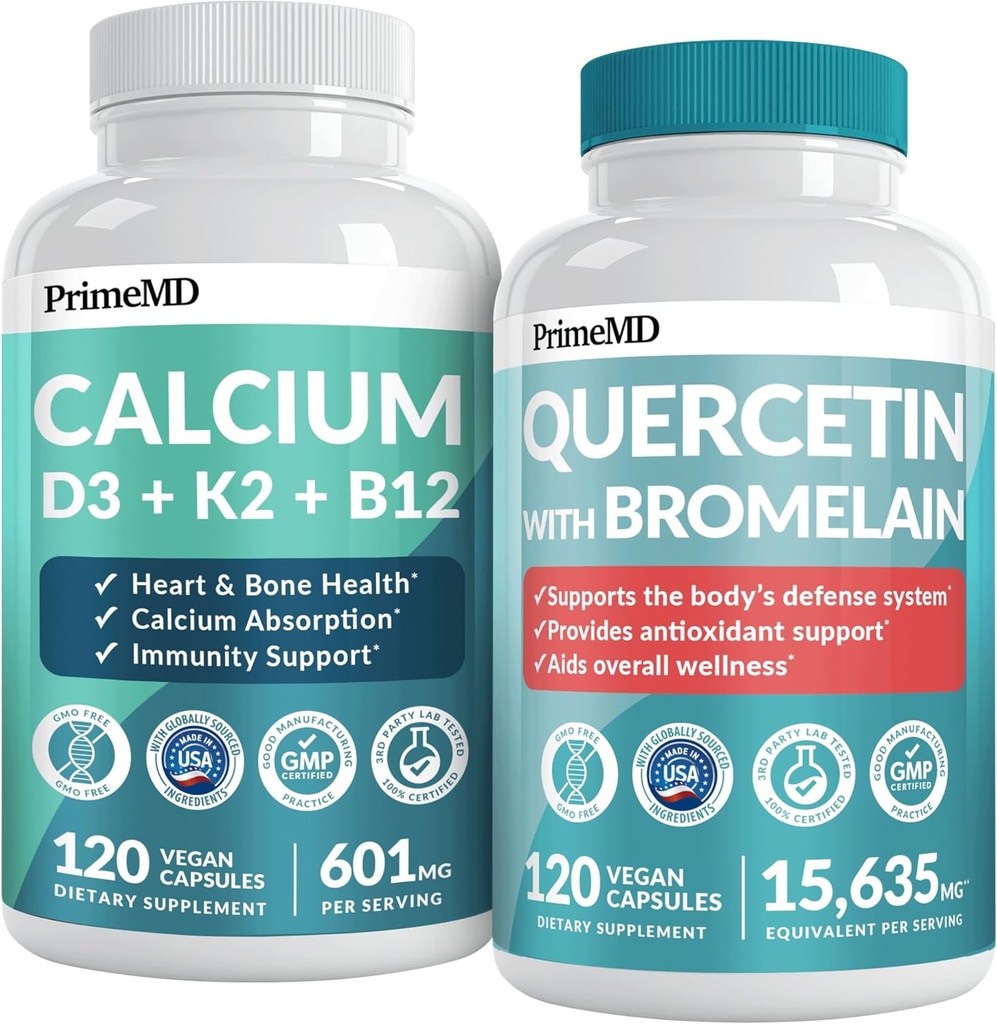 PrimeMD 4-in- 1 Calcium Suplemen untuk Perempuan & Pria atau Hati, Bone & Body Defensives (120) & 28-in1 Quercetin dengan Tambahan Bromelain - Quercetin 500mg Capsules untuk Dukungan Pertahanan Imune (120)