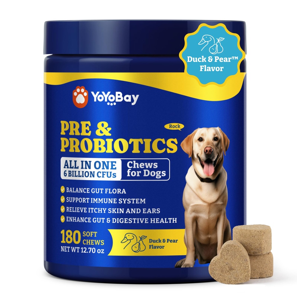 Progres for Dogs - Probile Dog for Digetical Health, Yeast, Itchy Skin, Gut Health, Imune & Skin - 6 Milyar CFU, 180 Soft Chews, Duck & Pear Flavor - with Prespion & Digetical Enzymes