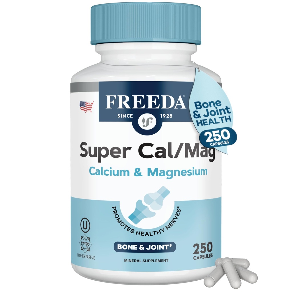 Freeda Super Cal / Mag - Kosher Vegan Bone Health Suplement - Dukung Bone Power, Fungsi Nerve & Muscle Relaxation - Vegetarian Calcium Magnesium - Third Party Tested - 250 Capsules