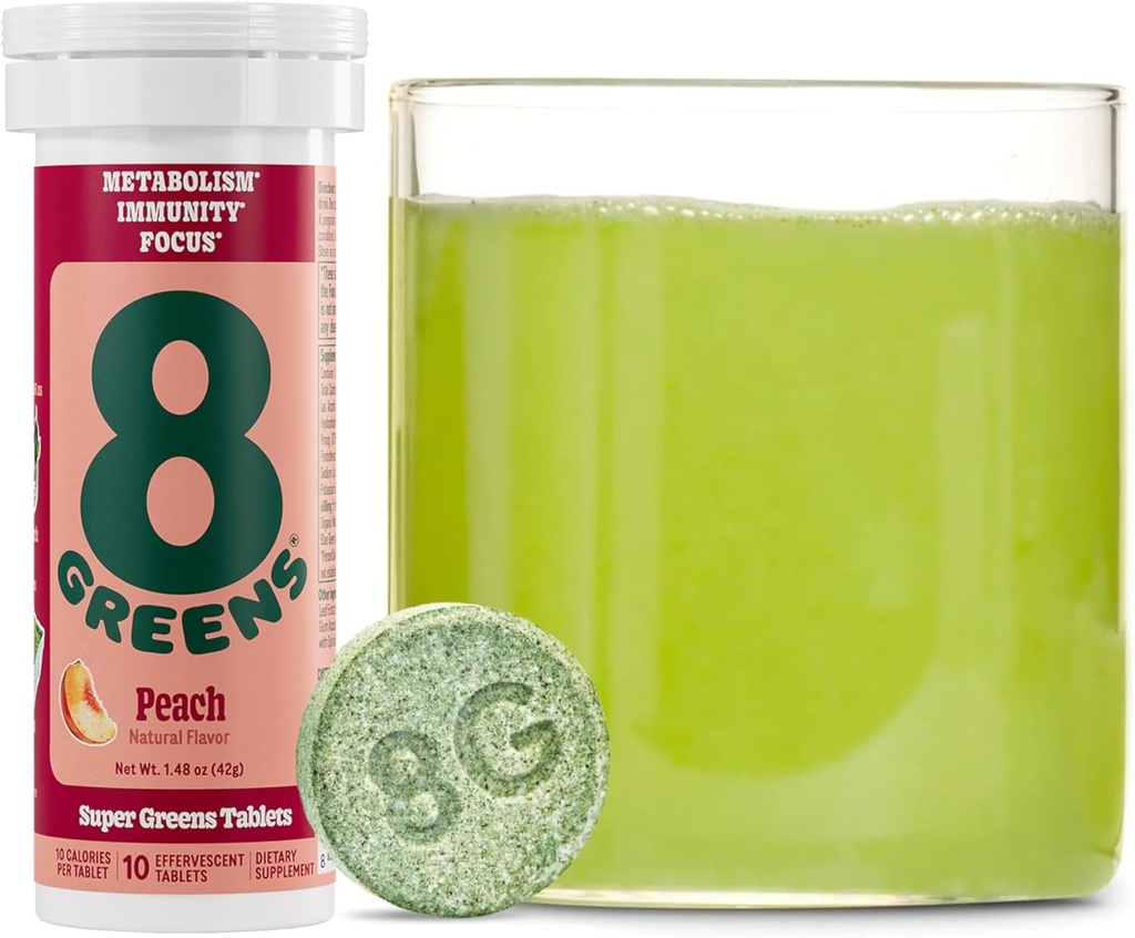 8greens Supergreens Tablets 144; Super Greens Powder Superfood Tablet, Metabolisme Immunity & Focus, Daily Greens Effervescent Tablet, Organic: Aloe Vera, Spirulina, Chlorella, Peach, 10 Pelayan
