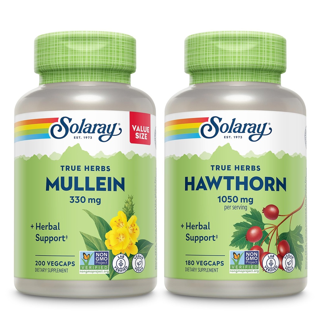 SOLARAY Mullein Leaf 330 mg dan Hawthorn Berry Capsules 1050 mg - Sooting Herbal Bundle untuk Overall Health dan Wellness - Vegan, Non-GMO, garansi 60-Day, Lab Verifikasi, 200 / 180 VexCaps