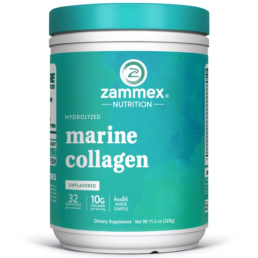 Zammex Marine Collagen Peptides Powder Unfeared, Wild- Caught Fish Collagen Powder, Pasokan Kesehatan Skin, Rambut, Joints, Tipe 1 & 3 Collagen Supplemen untuk Perempuan - Mudah untuk Mix. (32 Pelayan)