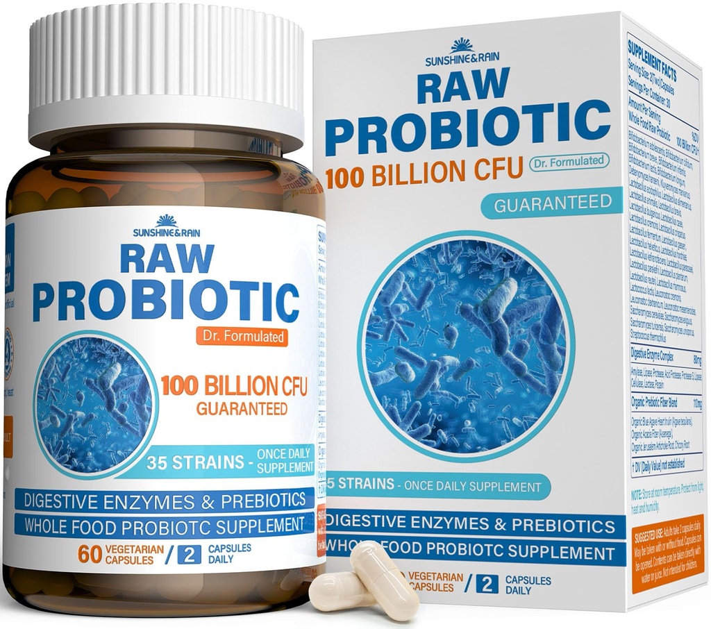 Probilisasi Raw untuk Perempuan & Pria - 100 Miliar CFU, 35 Strains, Organik Pregories & Natural Digetical Enzymes untuk Digetical, Gut & Imune Kesehatan - Dairy, Soy dan Gluten Bebas, Non-GMO, 60 Vegan Capsules