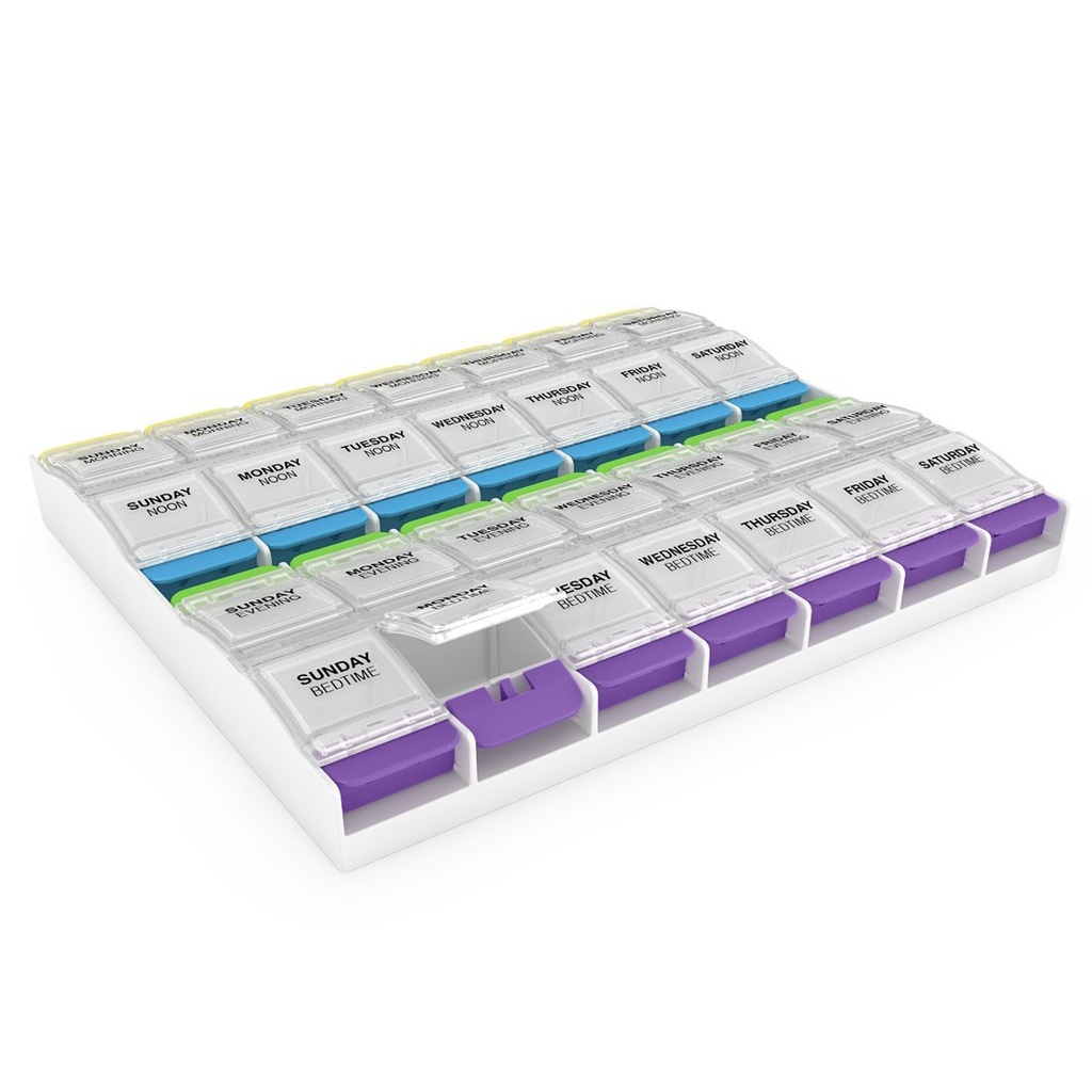 EZY DOSE Weekly (7- Day) Pill Organizer, Vitamin Container, and Daily Medicine Planner, 2X Loge Push Button Comment, Arthritis Frid, Easy to Use, 4 Times a Day, Clear Lids, BPA Free