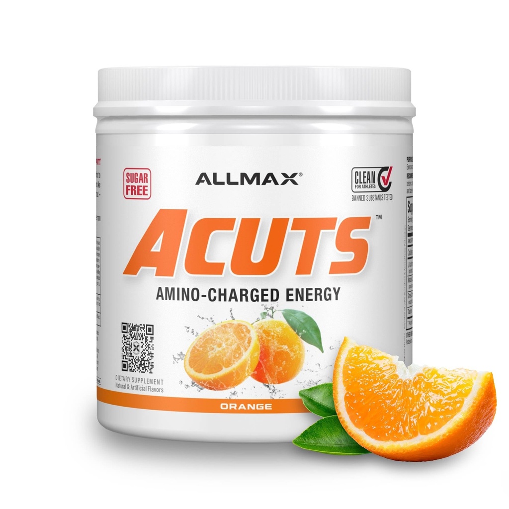 ALLMAX Nutition AMINOCUTS (ACUTS), Amino- Charged Energy Drink with Taurine, L-Carnitine, Green Coffee Bean Extract, Orange, 30 Servings