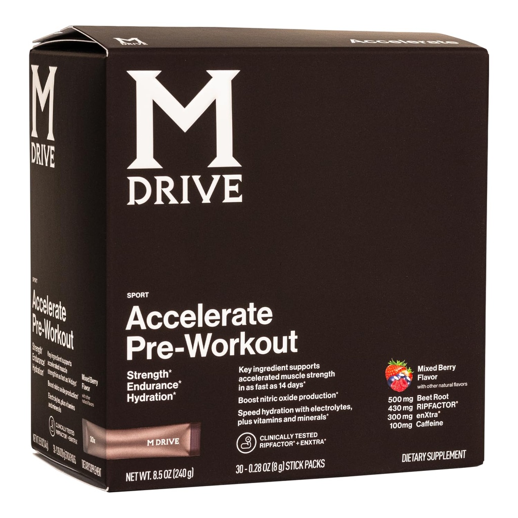 Mdrive Accelerate Pre- Workout Powder, Paket Serving Tunggal, Campuran Berry, 30 Count (Stimulant, Mixed Berry)