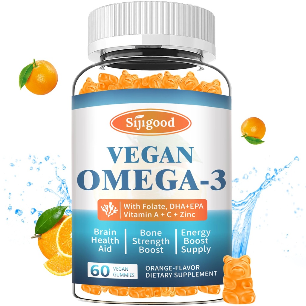 Omega-3 Gummies Mampu Algae Omega Source, Boost Brain, Eye & Imune Fungsi, dengan DHA dan EPA Vegan & Sugar Free, Orange Flavor, 60 Count