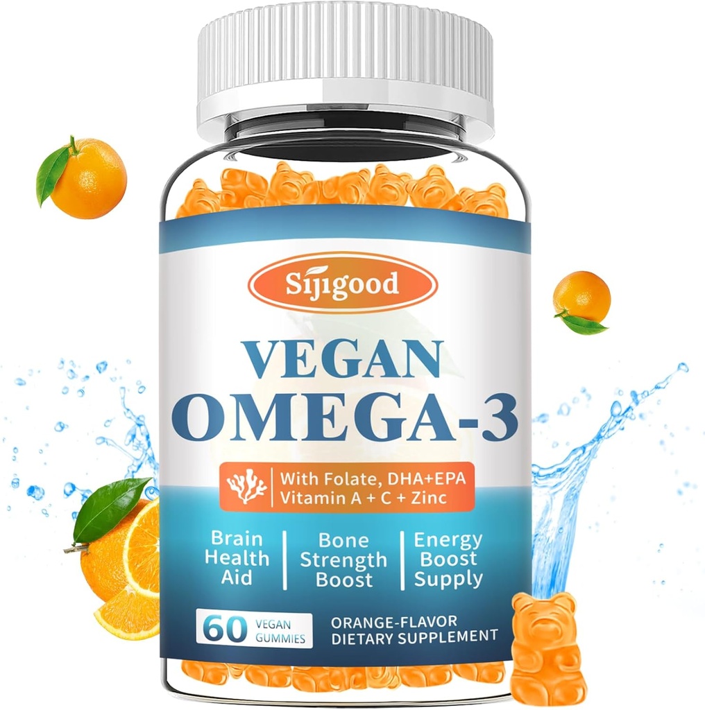Omega-3 Gummies Mampu Algae Omega Source, Boost Brain, Eye & Imune Fungsi, dengan DHA dan EPA Vegan & Sugar Free, Orange Flavor, 60 Count