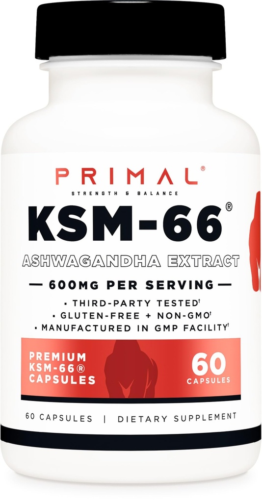 Primal KSM-66 Ashwagandha Complex (60 Capsules / 60 Servings, 600 mg Per Serving) - KSM-66 Ashwagandha dengan Black Pepper Extract, Gluten Free, Non-GMO