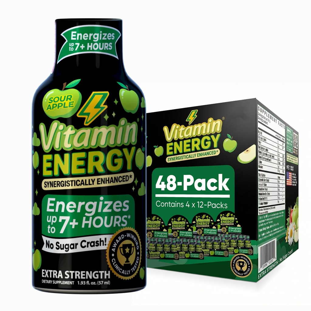Vitamin Energy Workout + Extra Energy Shot Sour Apple 48 Pack, 260mg Natural Caffeine, Pre- Workout, B-Vitamin, Mineral & Performance, Zero Sugar, Gluten- Free, Vegan, 1.93 fl oz