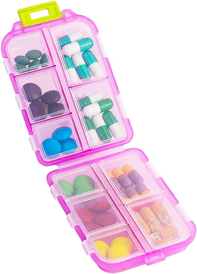 Travel Pill Organizer, Moivious ProviceMedicine Dispenser Box, Small Weekly Vitamin Case for Suplement, Fish Oil, Meds, Pocket Pharmacy Cute Capsule Container 10 Kompartemen, Pink