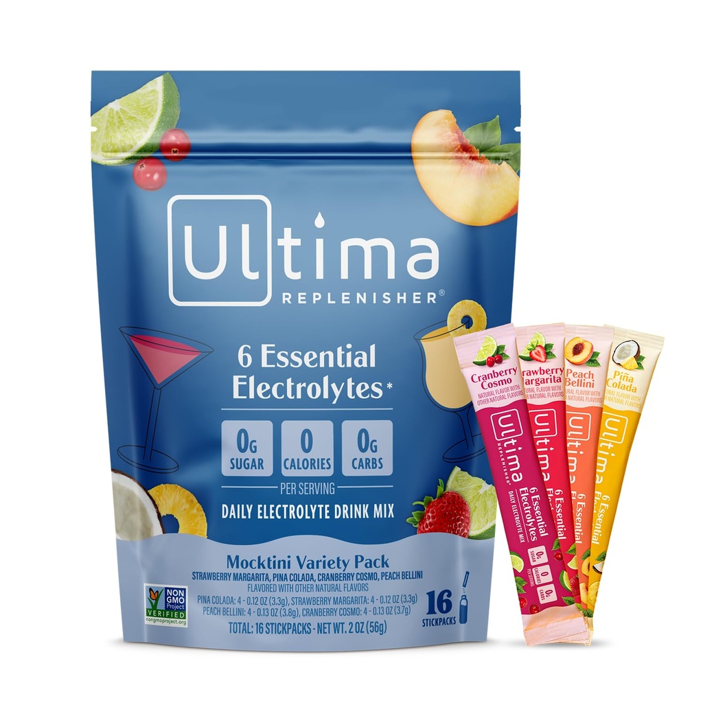 Ultima Replenisher Daily Electrolite Powder Mix - Sugar Free - Mocktini Variety, 16 Stickbags - Paket Hidration dengan 6 Key Electrolytes dan Trace Minecure - Keto Friendly, Non-GMO
