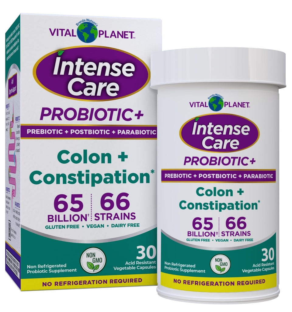 Planet Vital - Intense Care Colon & Constipation Progities Plus Organic Pregities, Postabotik, Parabotik, Persediaan Kesehatan 4-1 Lengkap untuk Dewasa, 65 Milyar CFU, 66 Strains, 30 ct