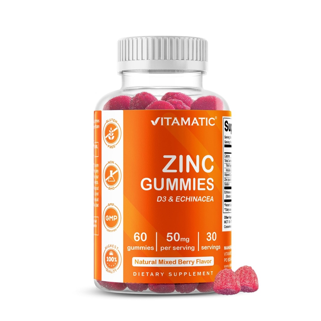Vitamatic Zinc 50mg Gummies - 60 Vegan Glumbed Free - Healthy Immune Support for Dewasa, Men & Women
