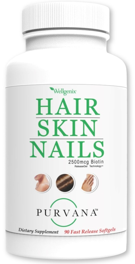 Wellgenix Purvana Hair, Skin, dan Nails - Satu hari Softgel - 2500mcg Biotin, DMAE, MMA, Horetail, Grape Seed Extract - Anti Aging, PCOS & Postpartum Hair Growth, Strong Nails (90 Count)