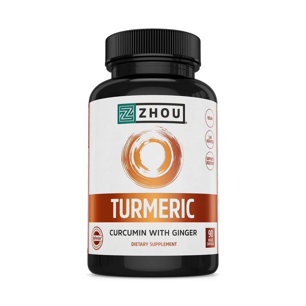 Zhou Turmeric Curcumin dengan Ginger - Turmeric dan Ginger Suplemen untuk Perempuan dan Pria, Curcuminoid dengan Black Pepper Extract for Dibuble and Digetical Health - 90 Vevgie Capsules