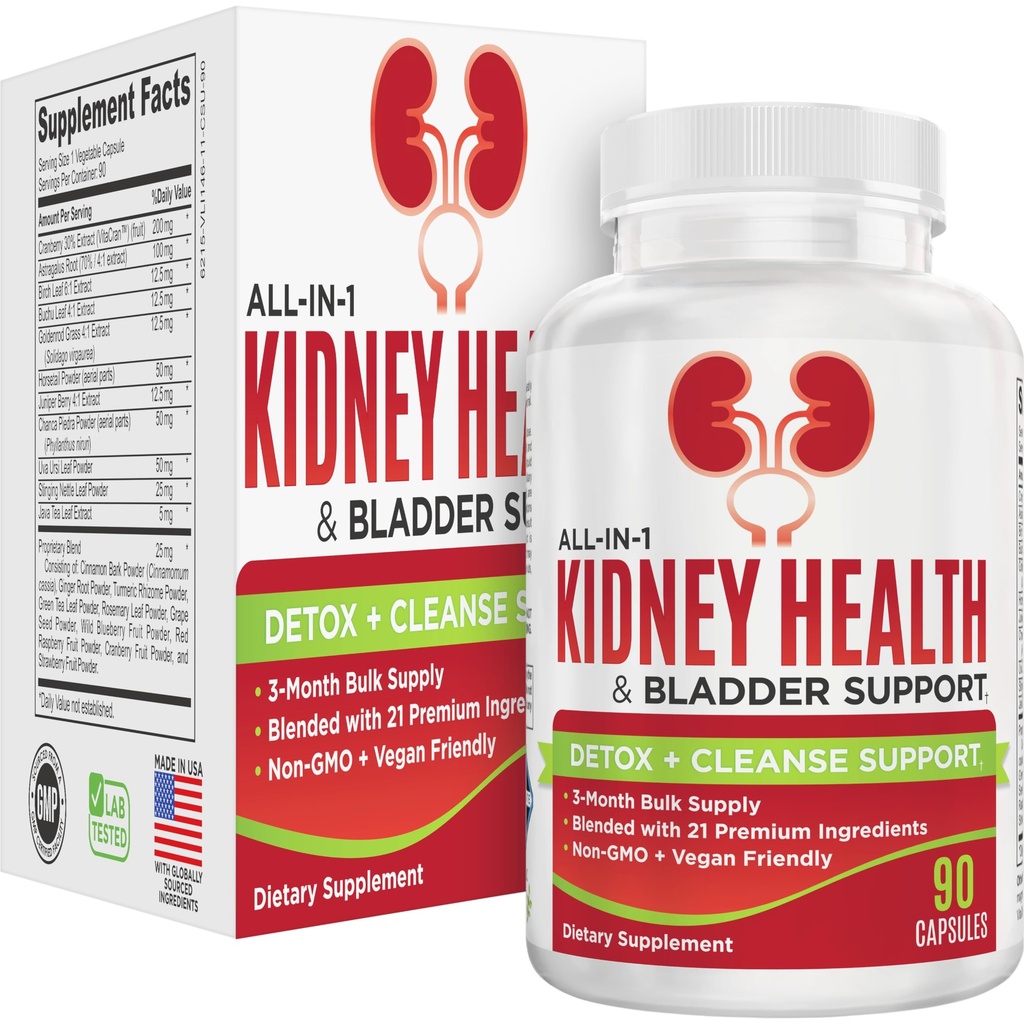 Suplemen Kesehatan Ginjal & Bladder (3- Bulan) Support Kesehatan: 124; Semua-in-1 Suplemen Trakt Uriner-1 dengan 21 Ingrediers Aktif 124; Ginney Cleanse Detox Dukungan Nutry 124; 90- Hari Persediaan Bulk 124; 90 Capsules