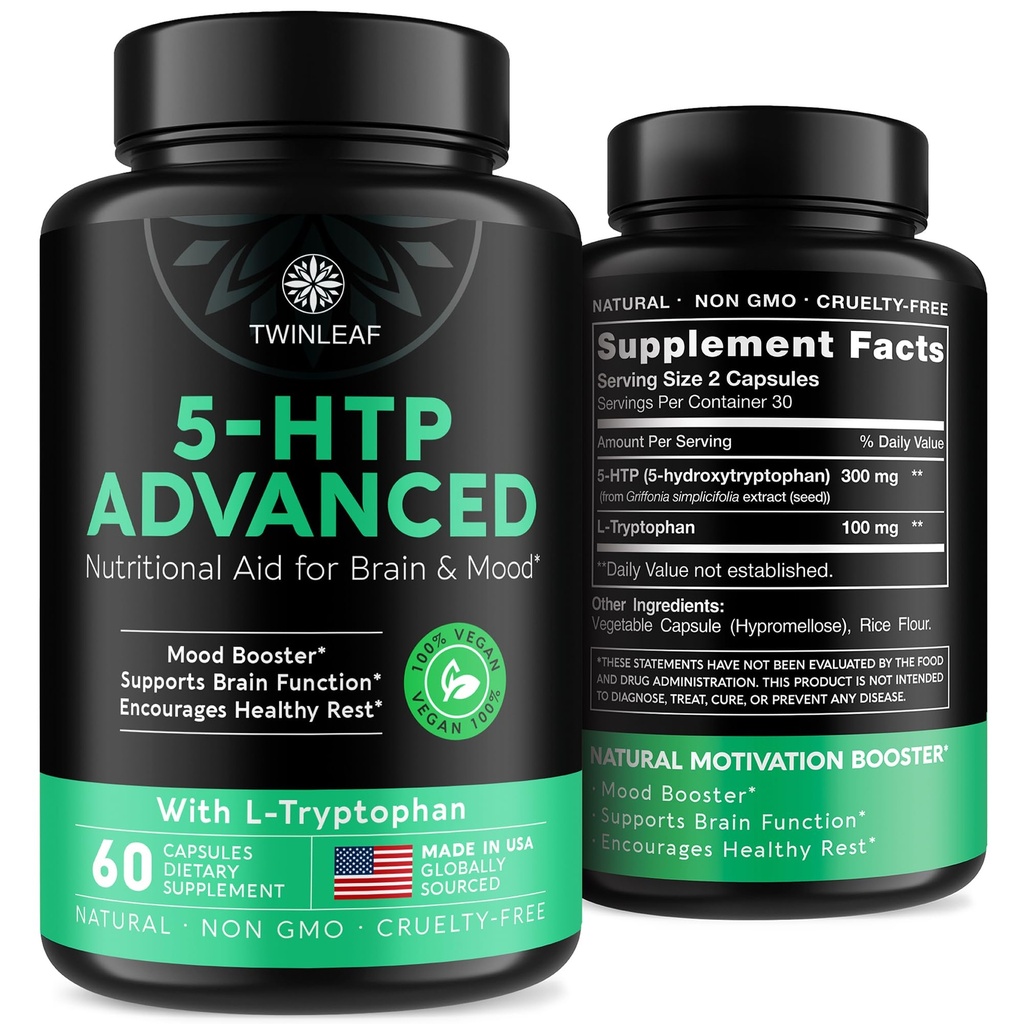TINLEAD 5 HTP Tambahan untuk Dukungan Mood - Dibuat di AS - Natural 5-HTP & L-tryptophan Capsules - 5- HTP Booster untuk Pria & Women - Proprietary Formula untuk Mood dan Relaxation - 60 Vegan Capsules
