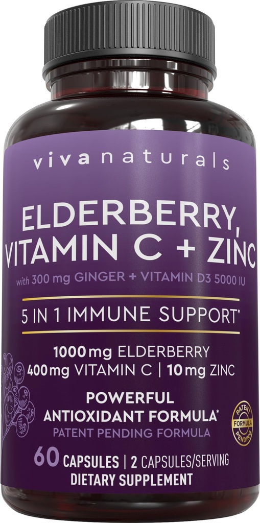 Viva Black Elderberry dengan Vitamin C dan Zinc untuk Orang Dewasa (60 Count) - Sambucus Elderberry Immune Suplemen Dukungan, Black Elderberry Capsules untuk Dewasa, Elderberry Suplemen Perempuan