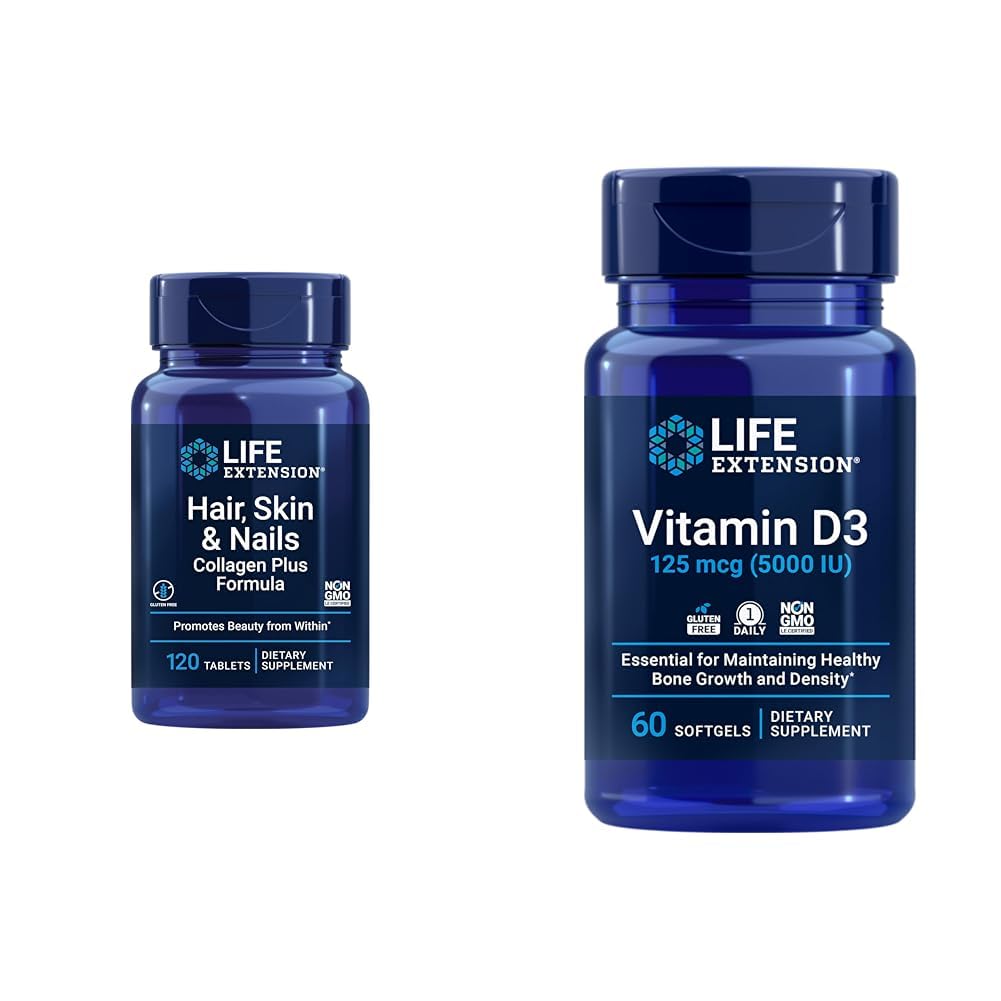 Rambut Ekstensi Hidup, Skin & Nails Collagen Plus Formula dengan Vitamin D3 5000 IU - Promotes Collagen, Keratin, Bone, Brain, Imune & Nail Kesehatan - 120 Count & 60 Softgels