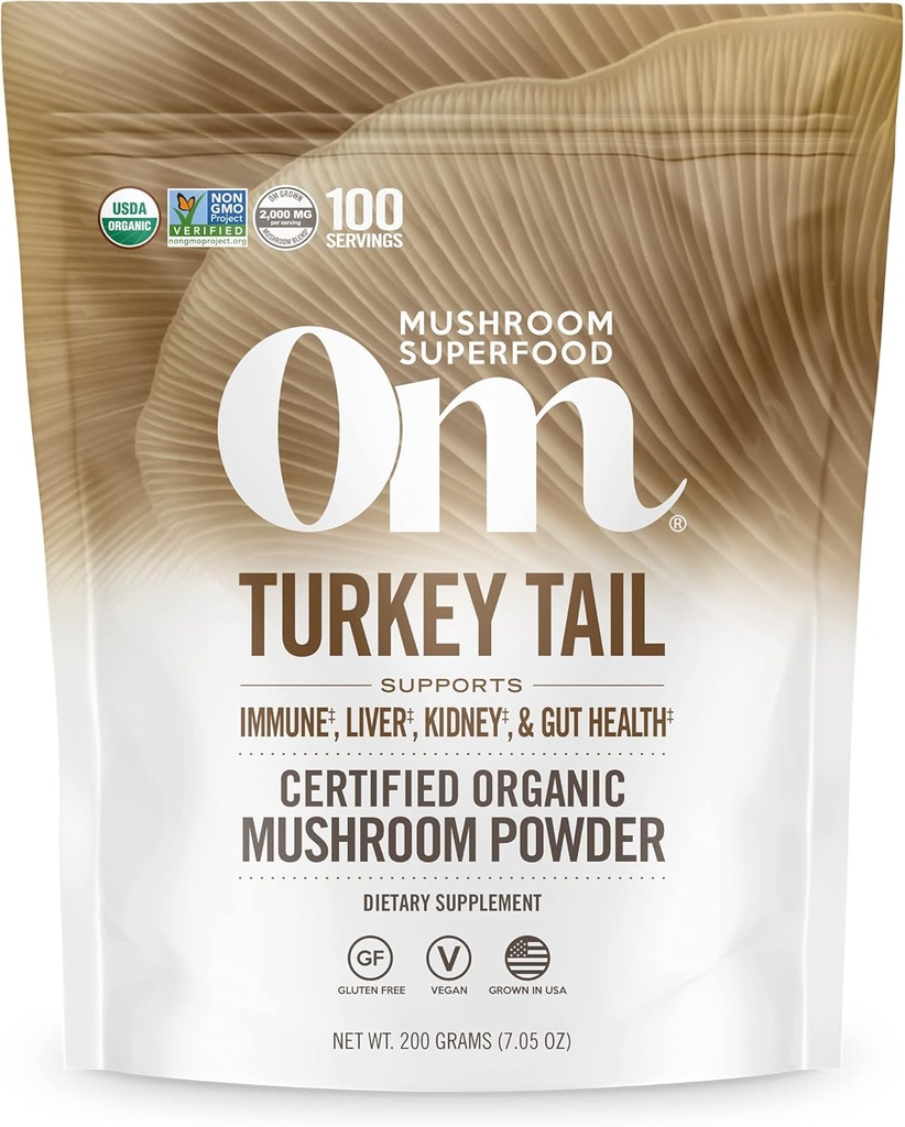Om Mushroom Superfood Turkey Tail Organic Mushroom Powder Pouch, 7.05 Ounce, 100 Pelayan, Dukungan Imune, Polysacchrides, Beta- GhatHealth & Holistic Defense Mushroom Suplemen
