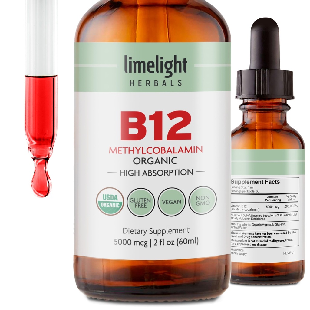 USDA Organik Vitamin B12 Liquid Drops - 5000 mcg Methylcobalamin - Sublingual, Fast- Absorbing Vegan Suplemen - Energi, Metabolisme, Brain, Heart & Imune Dukungan - Bebas, 60 Servis, Amerika Dibuat