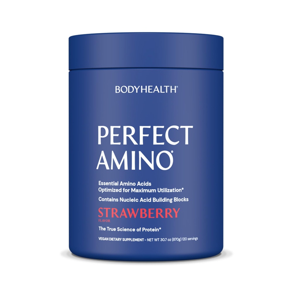 BodyHealth PerfectAmino Powder - BCAA dan bedak EAA untuk Pra dan Post Workout - Amino Acid Energy Minuman untuk Pria dan Wanita untuk Mendukung Lean Muscle dan Pemulihan - Strawberry - 120 Servis