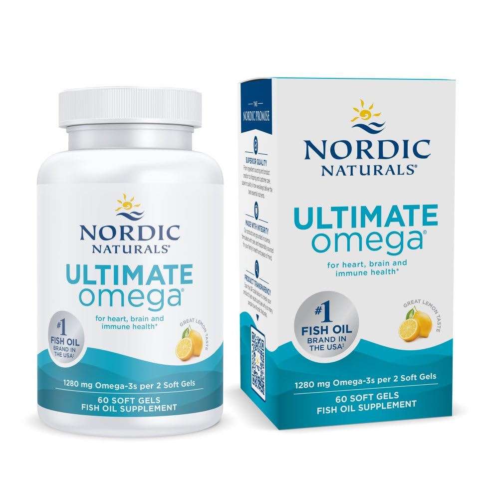 Muara Nordic Ultimate Omega, Lemon Flavor - 60 Soft Gels - 1280 mg Omega-3 - Tinggi - Potency Potency Oil Suplemen dengan EPA & DHA - Proote Brain & Heart Health - Non-GMO - 30 Servis