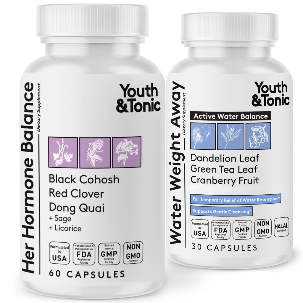 Pemuda & Tonic PMS & Menopause Pembalas Bloating Relief Duo - Dukungan untuk Puffiniss, Keseimbangan Hormonal & Fluid Retention - Keseimbangan Hormone + Air Perdelapan Away Natural Herbs Bagi Perempuan, 90 Capsules