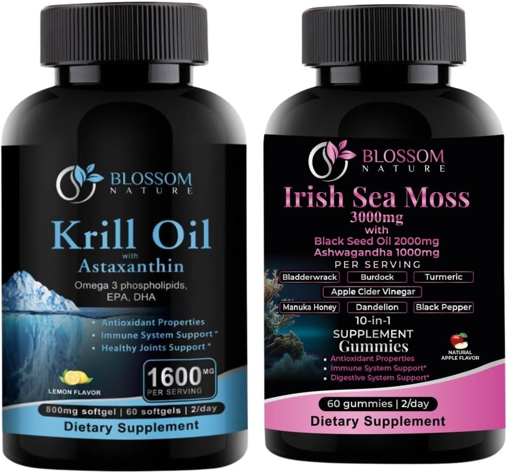 Antartika Krill Minyak 1600mg dengan Astaxanthin 2mg dan Irish Laut Moss Gummies 3000mg dengan Minyak Benih Hitam dan Ashwagandha 2000mg