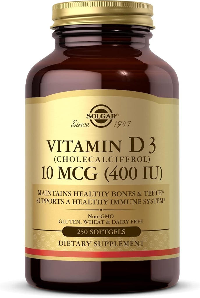 Solgar Vitamin D3 (Cholecalferol) 10 MCG (400 IU), 250 Softgels - membantu mempertahankan Healthy Bones & Teeth - Imune System Support - Non-GMO, Gluten Free, Dairy Free - 250 Servings