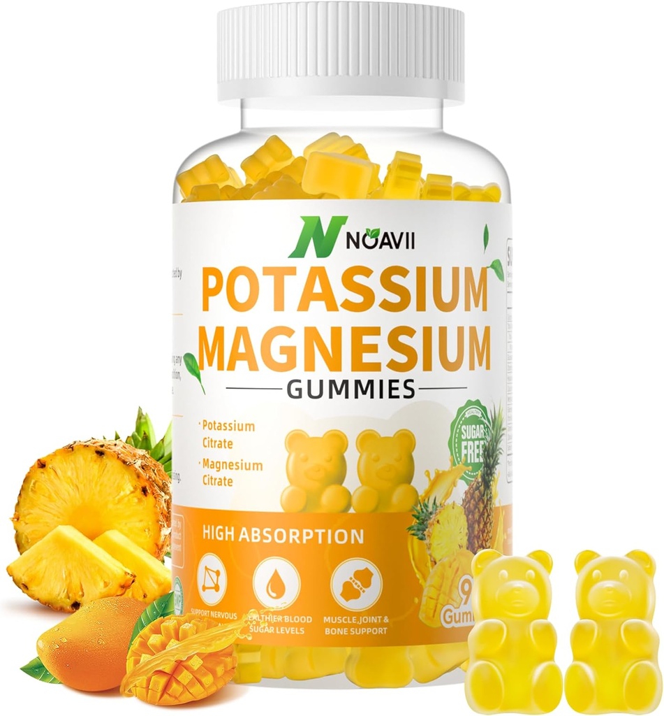Potassium Magnesium Gummies, New Formula Calm Magnesium Glycinate Gummies, Suplemen Gummy Chewable untuk Kram Leg & Muscle, Pineapple Flavor 90 Count