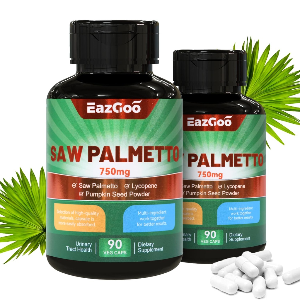Saw Palmetto Suplement, Saw Palmetto Extract 750mg, with Lycopene, Pumpkin Seed Powder, for Men and Women, Non-GMO & Gluten, Vegan, 90 Count Capsules Achpack of 2