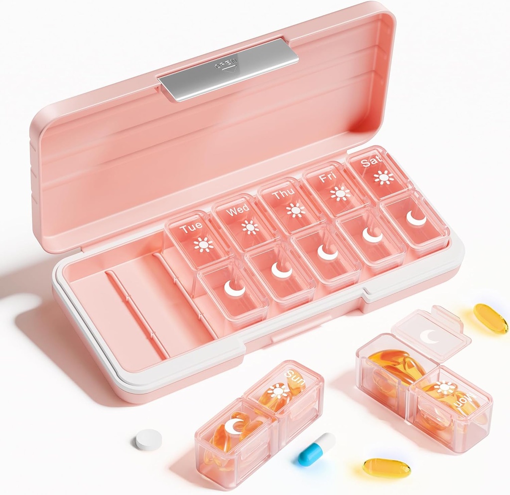 Betife AM PM Pill Organizer 2 Kali sehari, 7 Hari Kotak Pil Pil Pill Perjalanan Weekly Organzer dengan Kontainer Terpisah, Portable Daily Medicine Dispenser Case for Vitamin, Fish Oils, Suplemen