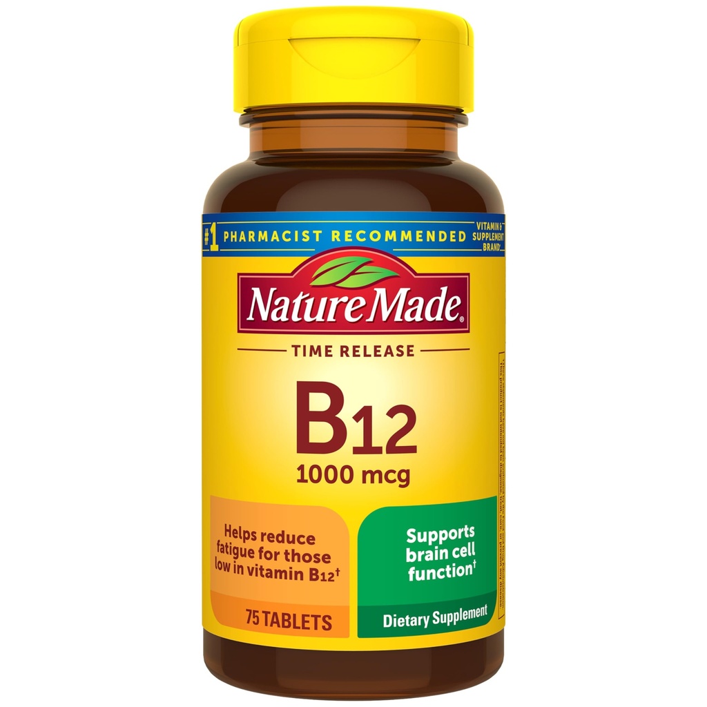 Nature Made Vitamin B12 1000 mcg, Dietary Supplement for Energy Metabolism Support, 75 Time Rilis Tablet, 75 Hari Supply