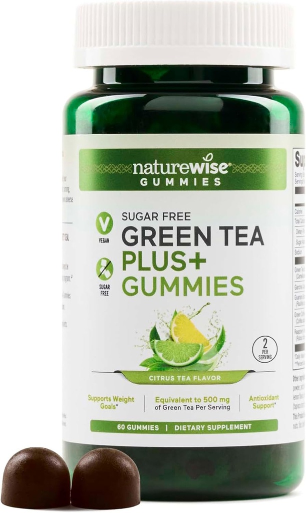 Naturrewise Green Tea Gummies - Keto, Sugar Free - Support Fitness Goals for Women & Men - 500mg Green Tea + Raspberry Ketones, Garcinia Camigia - Vegan, No Gluten - 60 Count [Persediaan 1 Bulan]