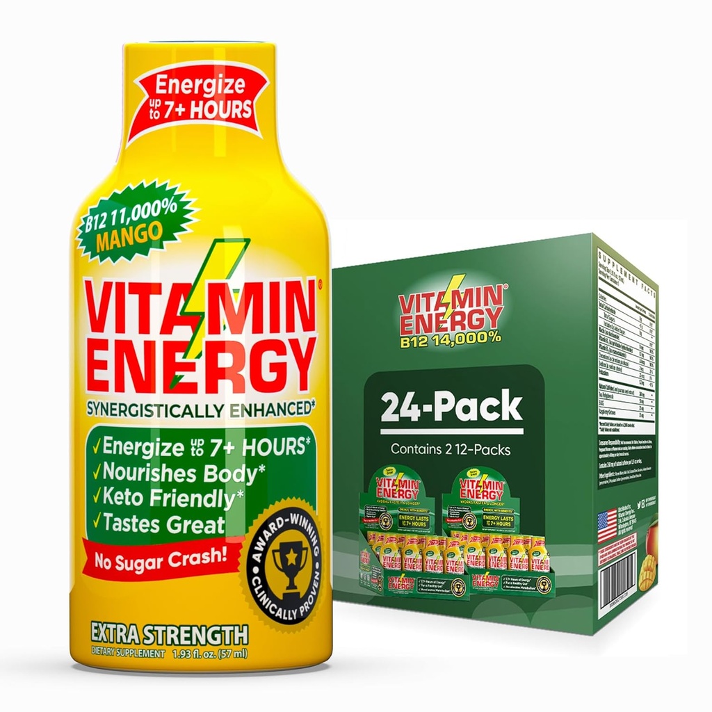 Vitamin Energy B12 11.000% Spear Energy Shot Mango 24 Pack, 260mg Natural Caffeine, B12 & B6, Nootropic Focus, Vitalitas, Zero Sugar, Gluten- Free, Vegan, Kosher, 1.93 fl oz