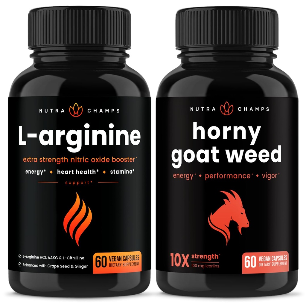 NutraChamps L- Arginine Capsules dan Horny Goat Weed Capsules 2 Pack Bundle