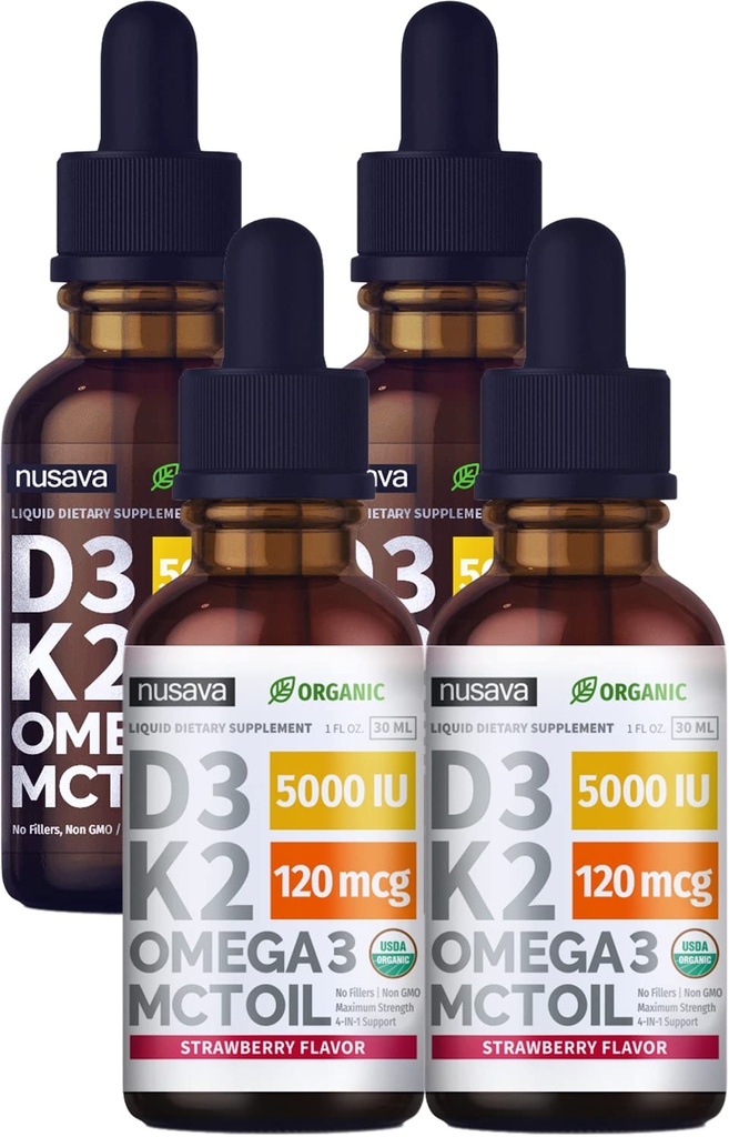 (4 Pack) Vitamin D3 K2 Drops Unfeatured & Strawberry Flavor Bundle - Maximum Power Vitamin D Liquid 5000 IU dengan MCT Oil Omega 3 - Tidak ada Pembakar, Non-GMO Liquid D3 untuk Dukungan Imune, 2 Fl Oz Setiap