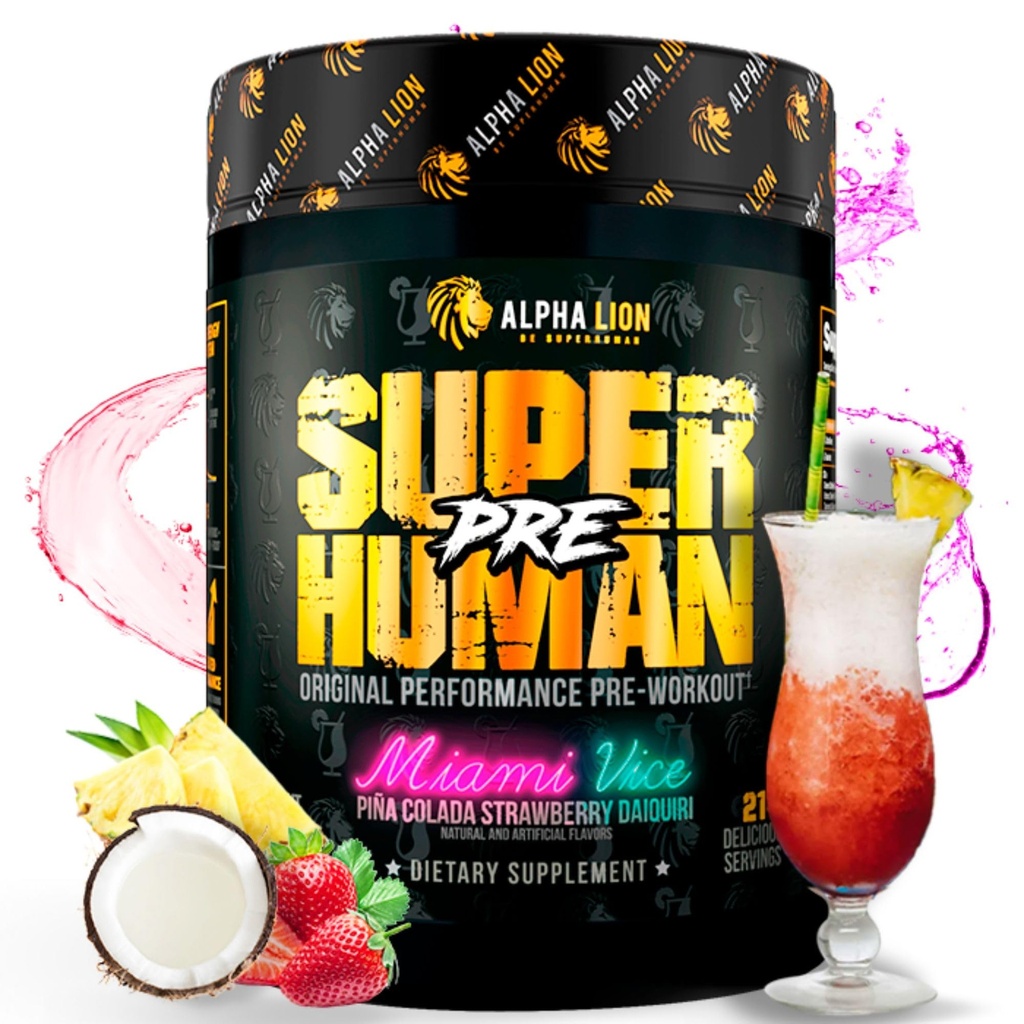 ALPHA LION Superhuman Pre Workout Powder, Beta Alanine, L-Taurine & Tri-Source Caffeine untuk Kafein Energi & Fokus, Nitric Oxide & Citrulline untuk Pompa (21 Servings, Miami Vice)