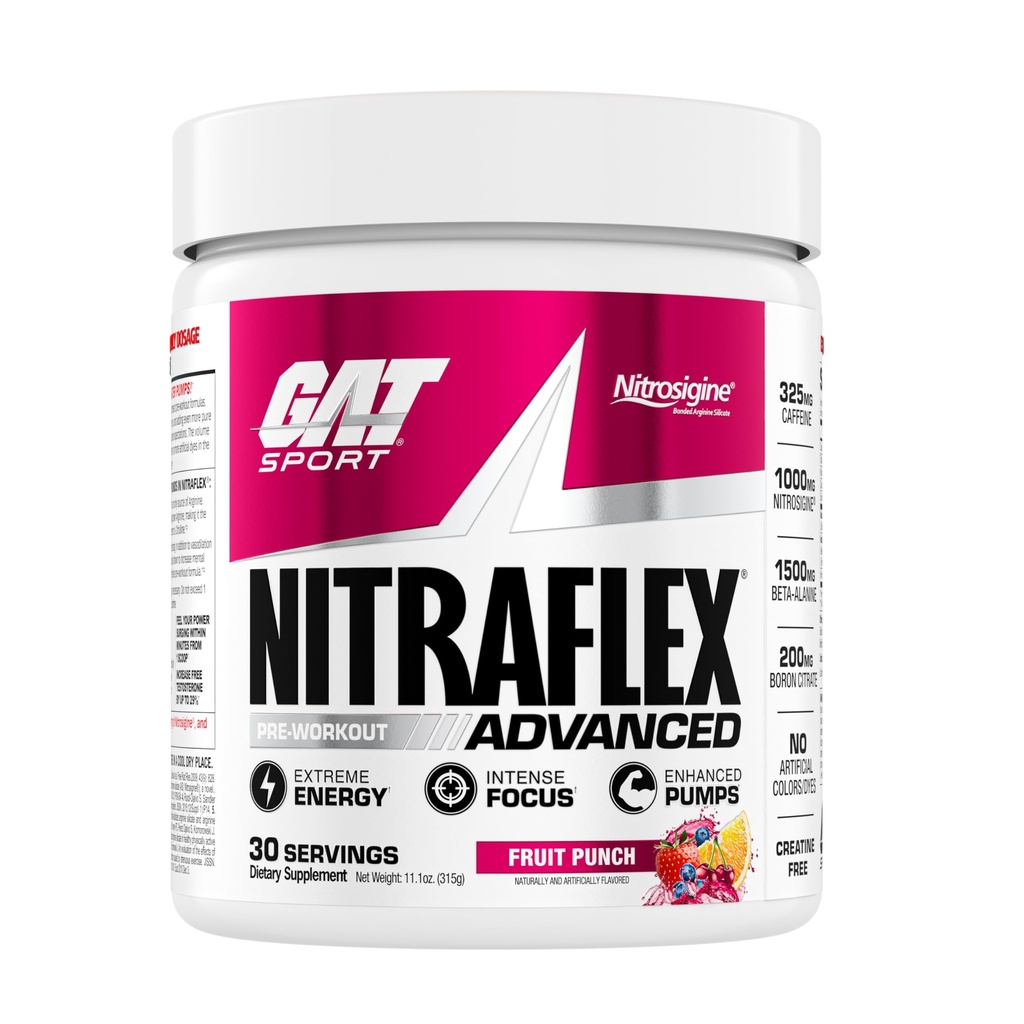 GAT SPORT Nitraflex Advanced Pre-Workout Powder, Increases Blood Flow, Boosts Strength and Energy, Imporcises Exercise Performance, Men & Women (Fruit Punch, 30 Servings)