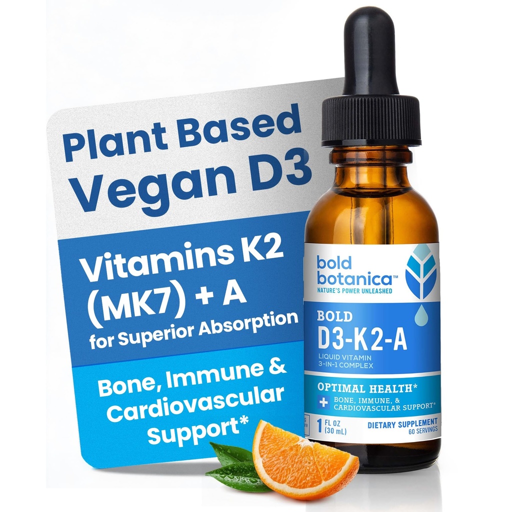 Bold Botanica D3- K2A, Limid Vitamin Complex, Vegan D3 dari Algae Organik dengan Vitamin K2 (MK7) dan A untuk Dukungan Imune, Natural Orange Flavor, rasanya lezat, 1 FL OZ. (30mL)
