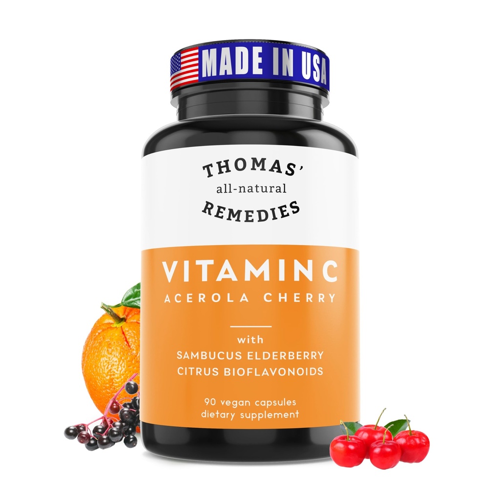 Thomas 'all- alami Remedies Vitamin C dengan Organik Elderberry, Organik Citrus Bioflavonids - Whole Food Supplemen - Non-GMO - Raw Vegan - 90 Kapsul