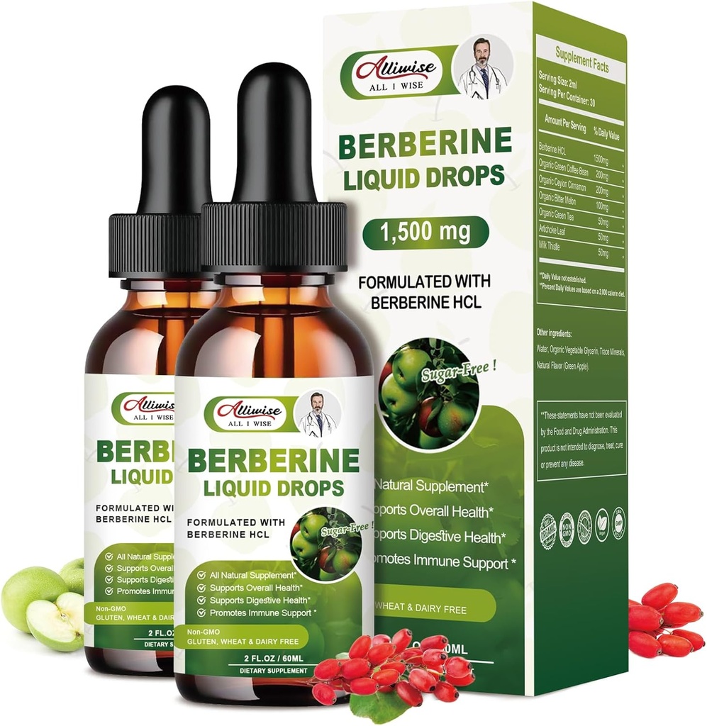 2 Pack Berberine Suplemen Cair Drops for Imune System & Digetical System Support -Premium Berberine HCL 1500mg dengan Cinnamon Ceylon Murni -4 Fl Oz