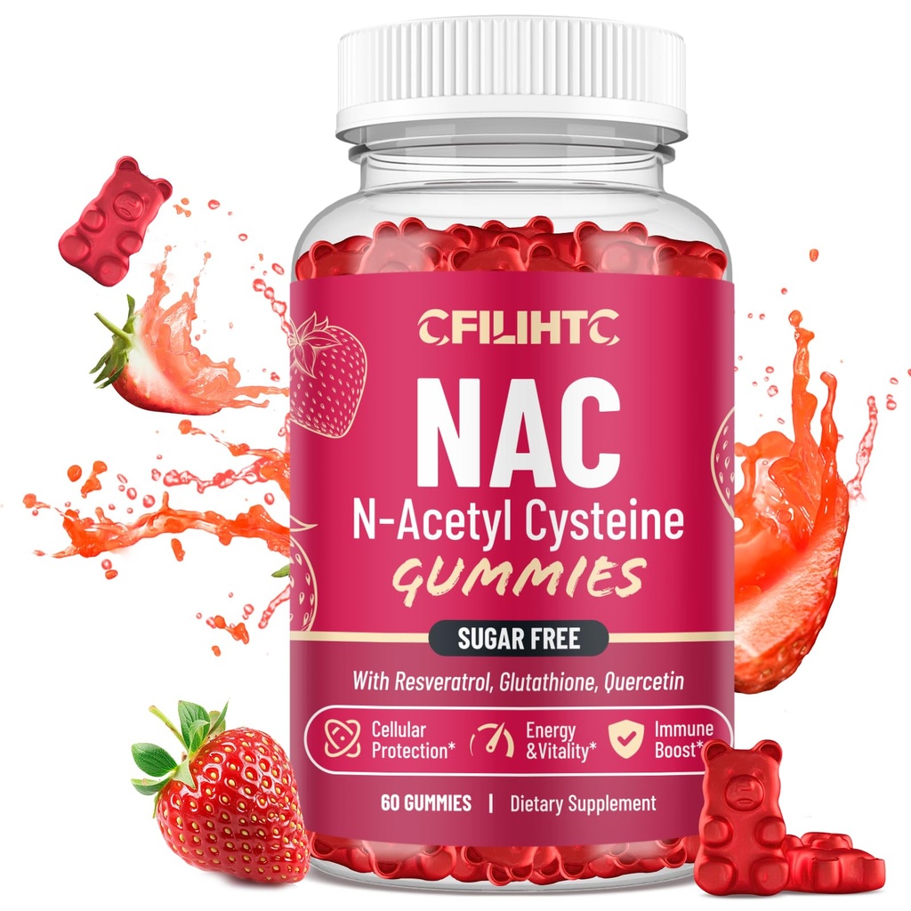 CFILHTC NAC Gummies 600mg, N Acetyl Cysteine Suplemen dengan Glutathione, Resveratrol, Magnesium, CoQ10, NAC Chewable for Antioksidants & Imune Dukungan, Strawberry Flavor 60 Gummies