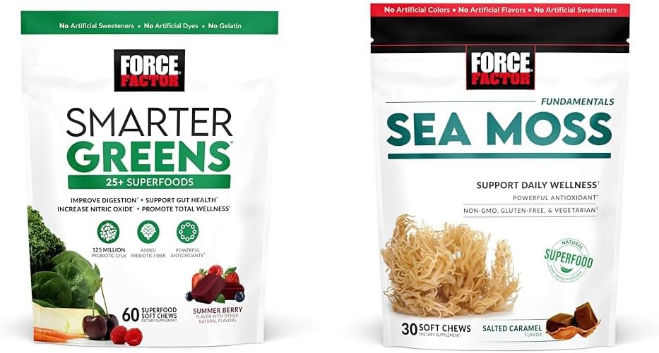 FORCE FacTOR Greens Chews with 25 + Superfood & Sea Moss Chews, 60 & 30 Count