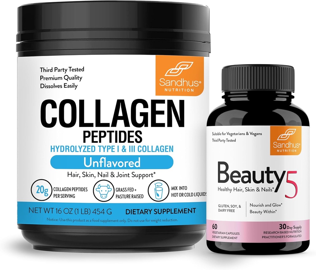 Sandhu 's Grass- Fed Collagen Peptides Powder & Beauty 5 Capsules 124; Skin Suplemen 124; Promotes Skin, Rambut, Nail Health