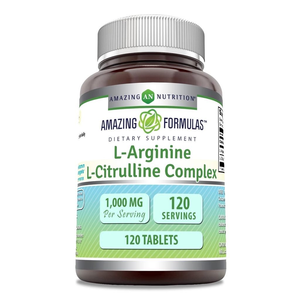 Amazing Formulas L-Arginine / L-Citrulline Kompleks 1000mg 120 Tablet Suplemen 14; Non- GMO 124; Gluten Free 124; Dibuat di USA