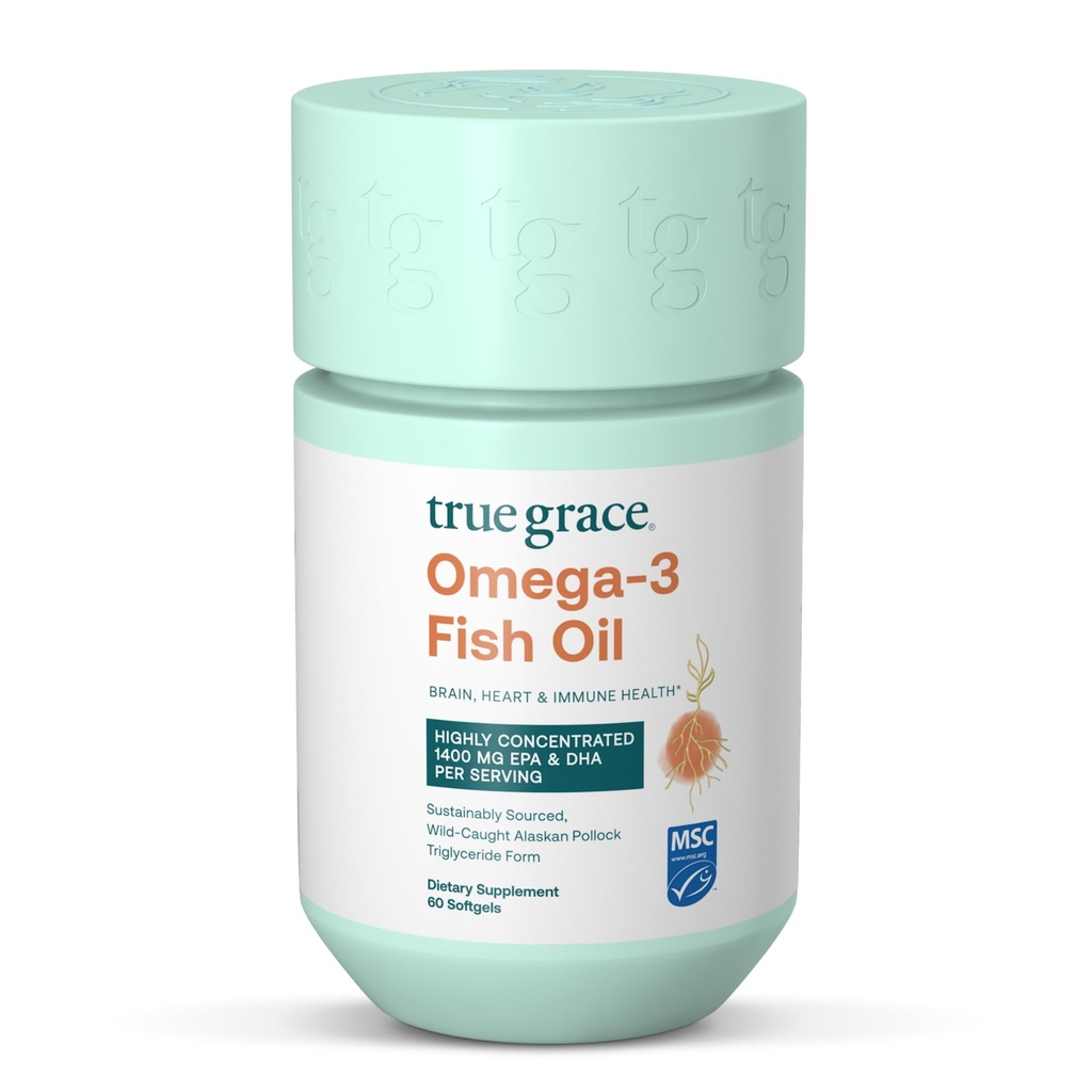 True Grace Omega-3 Fish Oil - 60 Softgels - 1400 mg EPA + DHA - Brain, Heart, Gabungan & Imune Kesehatan - Organik, Gluten Bebas, Soy Free